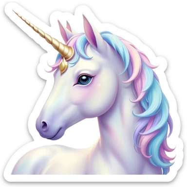 Beautiful and Majestic Unicorn Pony Portrait Emoji, Head and body radiating gentle magic with a soft pastel color, a delicately sparkling horn and eyes gently closed in peaceful wonder, Simplified yet exquisitely endearing features, highly detailed, glowing with a soft, ethereal light, high shine, serene and utterly majestic, stylized with an air of fairy-tale regality, soft glowing outline, capturing the essence of a beautiful and majestic unicorn pony that embodies the enchanting spirit of a dream! sticker