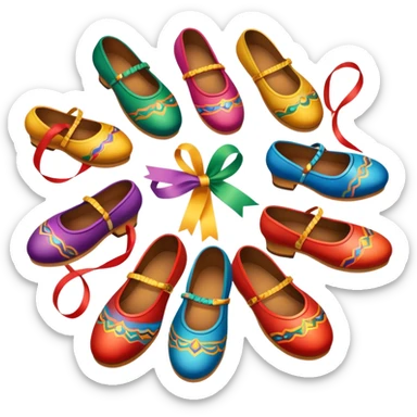 Humanless Icon for Folk Dance: close-up traditional dance shoes, colorful folk costumes, and a dance circle with ribbons and musical instruments like a tambourine or accordion. The icon should represent the vibrant and cultural aspects of folk dancing. Transparent background. sticker