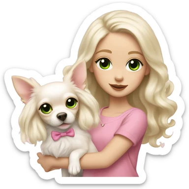 pale blond girl with wavy long platinum hair with green eyes holding a white chihuahua puppy that wearing a pink bow sticker