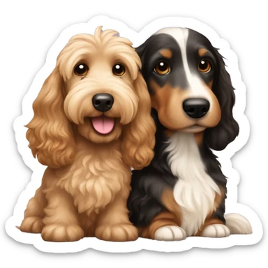Brown golden doodle and black and tan and cream longhair dachshund sitting together  sticker