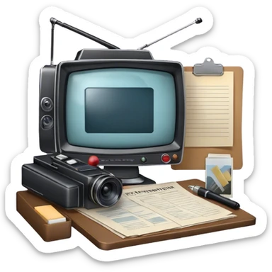 Icon for Documentary Film: A TV show-style design with a large screen displaying a documentary scene. Include papers, a clipboard, and files scattered around, along with a microphone and camera. The design should evoke a news or investigative TV program vibe. Transparent background. sticker