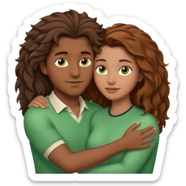 Couple embracing with arms around each other; black woman with brown eyes and lush hair, fair white man with brown hair and green eyes sticker