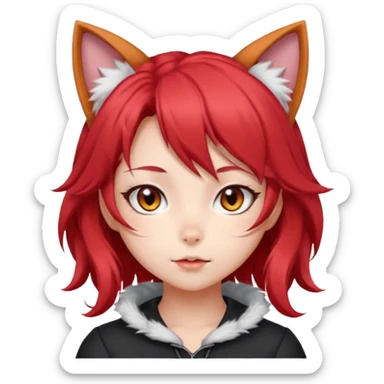 very cute anime cat-girl with cat ears, red blowing hair sticker