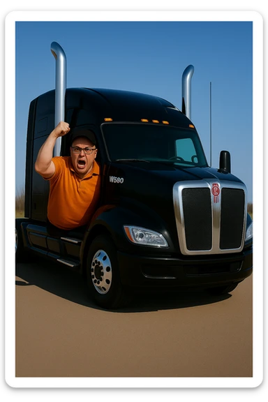 Place the angry bald man wearing an orange shirt, glasses, and a baseball cap inside the 2026 Kenworth W680 black sleeper semi truck, hanging out of the driver's side window but mostly inside the cab. The scene should be bright and vivid with clear details of the truck and the man. sticker
