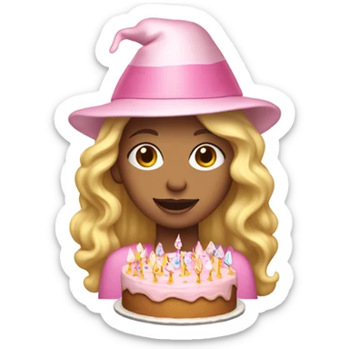 White woman, long hair, blonde hair, wavy hair, baby pink party hat, holding birthday cake sticker