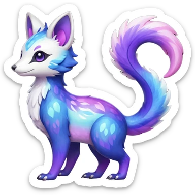  Shiny iridescent glossy oily smooth silky soft White with indigo-Violet-purple-pinkish-gradient markings beautiful handsome gorgeous aesthetic colorful vibrant Vernid-Trico-species-Fakemon-creature by LiLaiRa, 4 legs, 1 tail, random markings, (full body) sticker