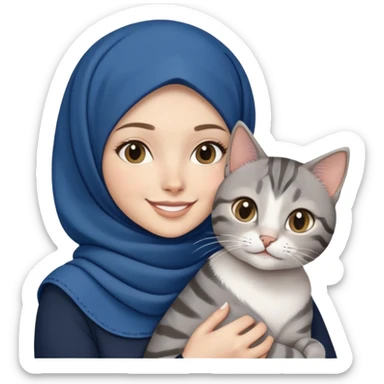White girl wearing dark blue hijab with white shirt smiling while holding a black grey tabby cat sticker