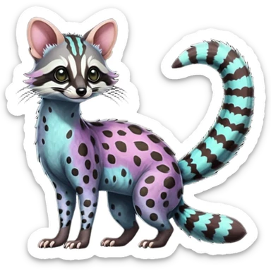 Feral Rare Fantasy iridescent scaly shaded detailed vibrant colorful Genet-Trico-Civet-Cacomistle-Margay-species by LiLaiRa, with dark-blackish points, white belly, random markings, tufted tail, tufted ears, full body sticker
