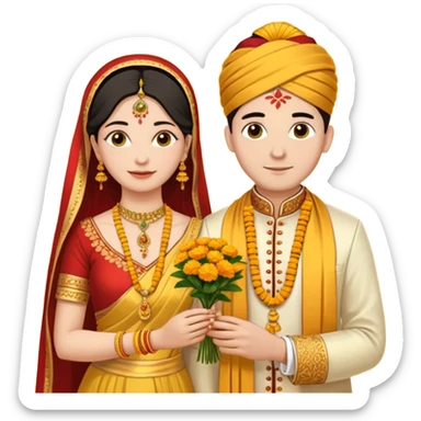 
A yellow sacred thread with two small gold pendants being tied around a bride's neck. The groom's hands are tying the knot while traditional Indian wedding elements like flowers and decorative details are visible in the background. Warm, ceremonial aesthetic. sticker