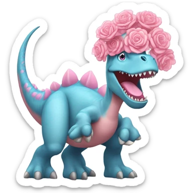 a pastel-blue dinosaur holding a giant pink bazooka wearing a big crown with flowers and really big eyelashes and it’s laughing  sticker