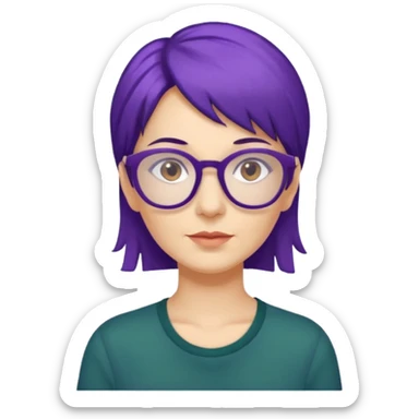 Cartoon 50-year-old youthful woman with purple glasses, brown eyes, and indigo hair to her shoulders in a dark green shirt. sticker