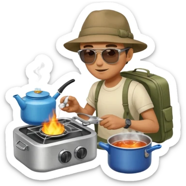 A man camper boiling water on a portable stove, enjoying the outdoor sticker