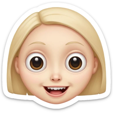 a creepy face with huge eyes and a big grin, kawaii, cute, soft, huge eyes, round mouth, mama sticker