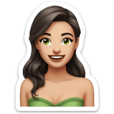 beautiful girl with high cheek bones orange blush, long straight shiny dark brown hair, big green eyes and big pale pink lips. Long thick eyelashes. Wearing a cream bustier.  She is laughing sticker