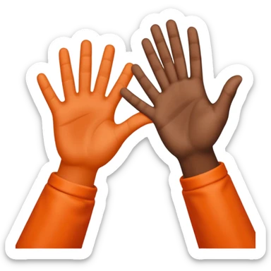 a high-five between two hands, one fair-skinned and one dark-skinned, wearing bright orange sleeves. sticker