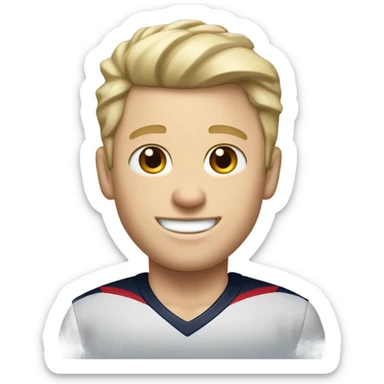 Skinny Caucasian male blonde combed over hair smiling wearing a Houston Texans polo sticker