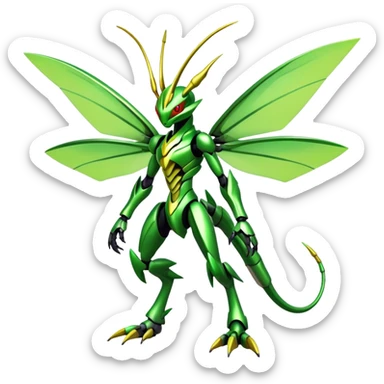 Colorful Cool Edgy Shiny Futuristic Ethereal Legendary Scizor-Scyther-Digimon-hybrid full body sticker