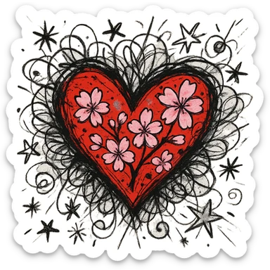 heart with sakura and silver accents, chaotic doodle style sticker