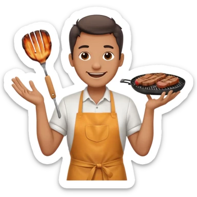 A cheerful man in an apron flipping meat on a sizzling grill with smoke puffing upward. sticker