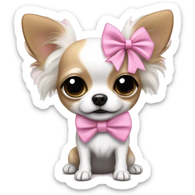white with black and white long haired chihuahua with white stripe on forhead a cute pink bow sticker