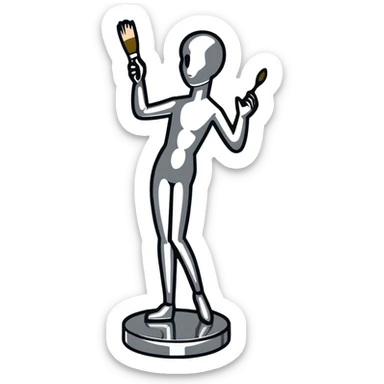 A paintbrush transforming into a silver human silhouette sculpture, symbol of artistic identity, with a gleaming silver metallic finish sticker