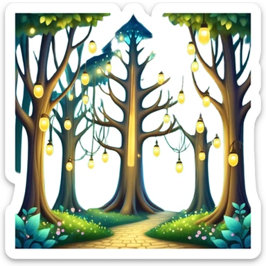 enchanted forest with tall whimsical trees and sparkling lights, fantasy atmosphere sticker