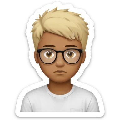 Teenager. Short buzz, messy blonde hair. Dark brown bushy eyebrows large expressive golden-brown eyes, brown skin color, scar over nose, wearing a plain white t-shirt. wearing clear thick black glasses. 20 year old male. thinking facial expression. brown skin color.  sticker