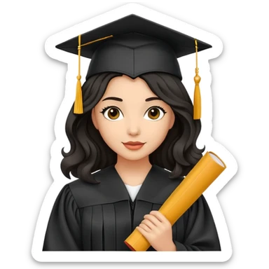 beautiful olive-skinned woman with wavy black hair wearing graduation cap and gown, holding diploma sticker