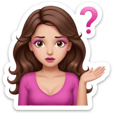 girl with long wavy brown hair, brown eyes, long lashes makeup, sexy pink lips, light to medium complexion, pink sexy top,, shrugging with both hands, confused, question mark sticker