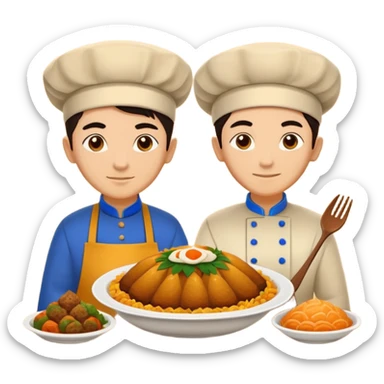 Uzbek cuisine humanless avatar in bright illustration. Classic dishes like plov and samsa, warm golden and earthy tones, simple shapes, flat design, high contrast, friendly and appetizing. sticker