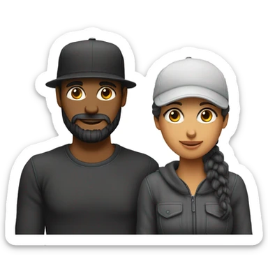 una mujer cabello negro y un hombre canoso barbudo con gorra puesta abrazándose como amigos sticker