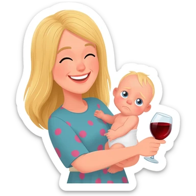 Happy girl, blond girl, mum to a baby, party vibe with a glass of red wine and tired sticker