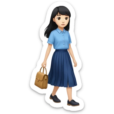 hair : black long hair with fringe 
skin : light 
cloth : oversize light blue shirt + navy long long skirt 
motion : walking  sticker