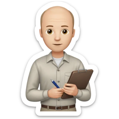 man mid 30's shirt and trousers balding hairline standing holding a clipboard sticker