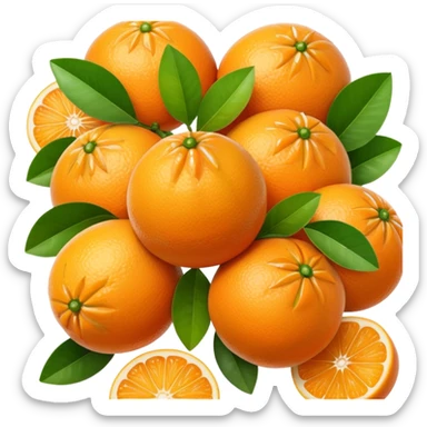 cluster of small, round orange citrus fruits, one peeled in segments, some with green leaf, no basket or extras, soft lighting, subtle shadows, emoji scale sticker