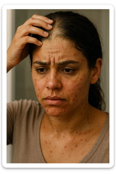 A highly realistic, cinematic close-up portrait of a young woman in her late 20s with medium skin tone, displaying visible folliculitis and seborrheic dermatitis. Small, red, inflamed follicular papules and pustules are scattered along her hairline, jawline, and upper neck, indicating folliculitis. Her scalp and areas around the nose and eyebrows show flaky, greasy yellowish scales, with redness and irritation, indicating seborrheic dermatitis. Her hair appears slightly greasy and clumps near the scalp, emphasizing excess sebum production. She gently touches her irritated scalp with concern while looking at herself in a softly lit bathroom mirror, expressing discomfort and frustration. The environment is neutral and clean, with daylight softly illuminating the scene to highlight the skin and scalp texture. The style is 35mm hyperrealistic, with warm neutral tones and shallow depth of field to maintain focus on her skin, inflammation, and emotional expression, visually explaining the physical discomfort and aesthetic concerns of living with folliculitis and seborrheic dermatitis sticker