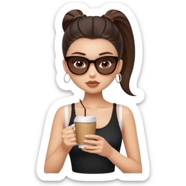 generate a pretty fair bratz girl with dark brown eyes, dark brown eyes tied into a slick back ponytail, thin brown sunglasses. Wearing a black cami top and drinking coffee, high cheekbones sticker