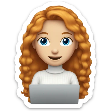 ginger girl with long hair and blue eyes in turtle neck white sweater working on a laptop sticker