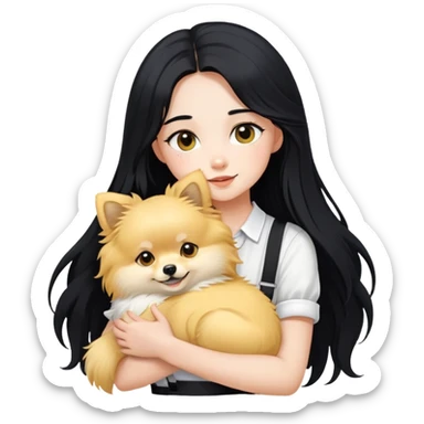A girl with fair skin, long black hair, white suspenders, hugging a pure yellow long-haired Pomeranian sticker