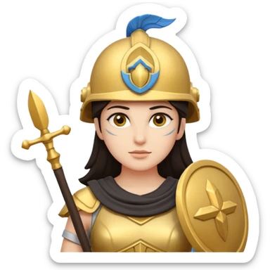Athena the Greek goddess, dark haired, facing camera, in emoji style important deity in Greek mythology, daughter of Zeus, Strategic warfare Wisdom and intellect Craft, engineering, building, navigation Justice good governance Protection of cities embodys rational, disciplined intelligence  sticker