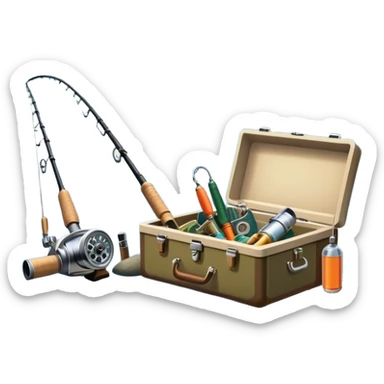 Icon for Fishing: a fishing rod and tackle box next to a boat on the shore of a serene lake, with a scenic natural background, including trees and water. The icon should represent the peacefulness of fishing. Transparent background, no border. sticker