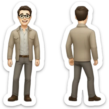 Joyful Full height Pale skinned Fit Man With dark brown hair in gray jacket, beige office shirt, Brown pants and vintage glasses. His thrumbs up sticker