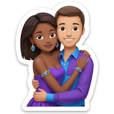 Tan tall brunette European male in blue shirt smiling and hugging a jet black African girl in purple strapless dress and blue jewelry they are on a beach with blue ocean water and palm trees sticker
