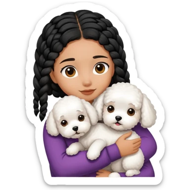 A girl with the black braids has straight hair ,hugging a Bichon frise sticker