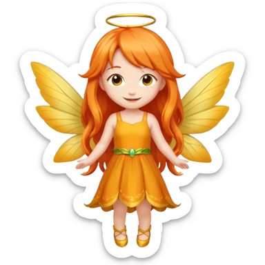 fairy with long orange hair, yellow wings, red dress, happy, chibi full body sticker