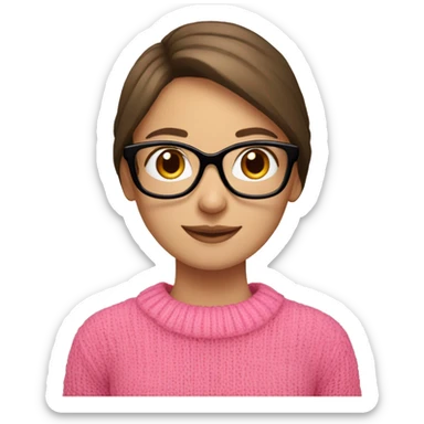 Russian smile Girl with straight brown hair and black glasses frame and in pink sweater working behind laptop sticker