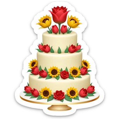 A large three teir cake with first mayer decorated with roses, second with Sunflowers and third with Tulips and Happy Birthday Dear written on top. sticker