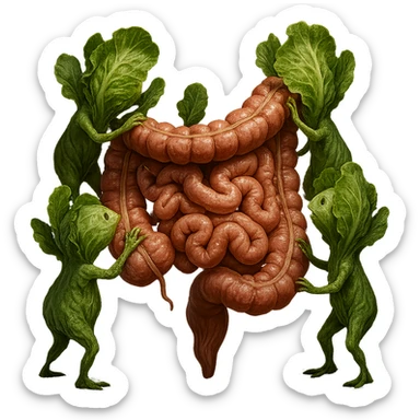 Ultra-realistic 4K illustration: stylized lettuce leaves depicted as plant-like creatures interacting with a human anatomical model of the intestine. The scene is surreal and scientific, with organic textures, refined biological details, dramatic lighting, and a bio-fantasy photorealistic style sticker