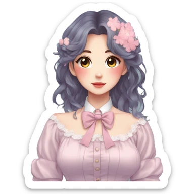 Gorgeous pastel anime style lady with blushing face and flowers and laces and bow ties and pretty hair aesthetic trending style sticker