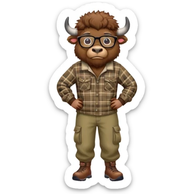 friendly anthropomorphised bison in cargo pants and plaid shirt, wearing glasses, jogging upright sticker